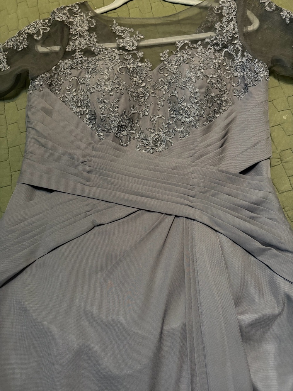 Embroidered Lace-Top 3/4 Sleeve lace up adjustable back Evening Dress in gray